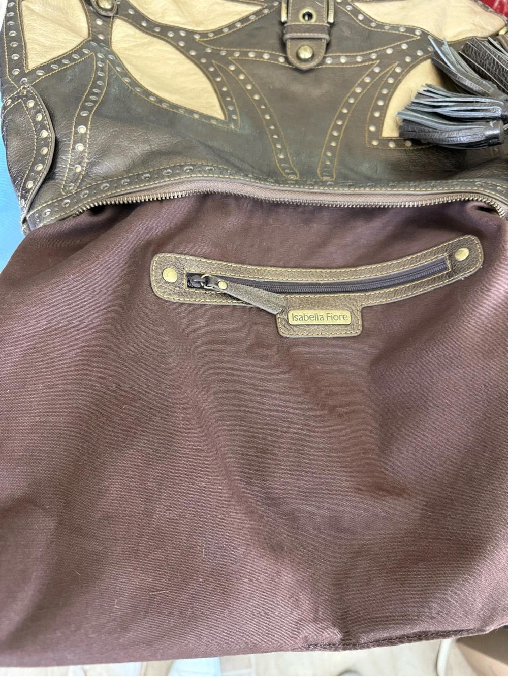 Isabella Fiore Metallic Taupe and Champagne Leather Hobo
